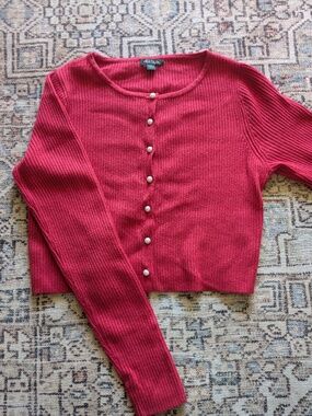 cropped red ribbed cardigan
